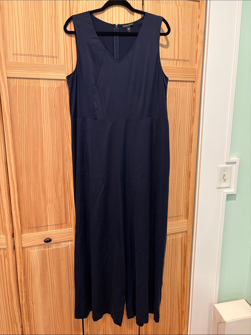 Eileen Fisher Navy Silk Sleeveless V-Neck Wide Leg Jumpsuit
